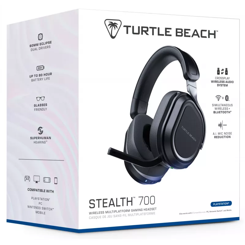 Zestaw słuchawkowy Turtle Beach Stealth 700 Czarny PlayStation Wireless Gaming Headset z baterią do 80h, Bluetooth, podwójne nadajniki i przetworniki 60mm dla PS5, PS4, PC i urządzeń mobilnych