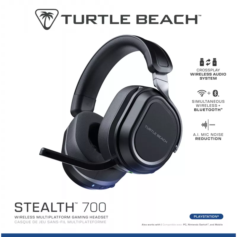 Zestaw słuchawkowy Turtle Beach Stealth 700 Czarny PlayStation Wireless Gaming Headset z baterią do 80h, Bluetooth, podwójne nadajniki i przetworniki 60mm dla PS5, PS4, PC i urządzeń mobilnych