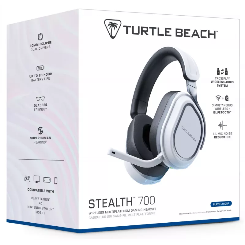 Turtle Beach Stealth 700 biały PlayStation Bezprzewodowy zestaw słuchawkowy do gier z baterią do 80 godz., Bluetooth, dwoma nadajnikami i głośnikami 60 mm dla PS5, PS4, PC i urządzeń mobilnych