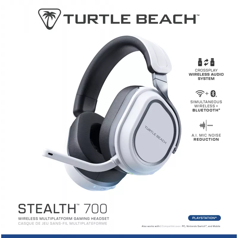 Turtle Beach Stealth 700 biały PlayStation Bezprzewodowy zestaw słuchawkowy do gier z baterią do 80 godz., Bluetooth, dwoma nadajnikami i głośnikami 60 mm dla PS5, PS4, PC i urządzeń mobilnych