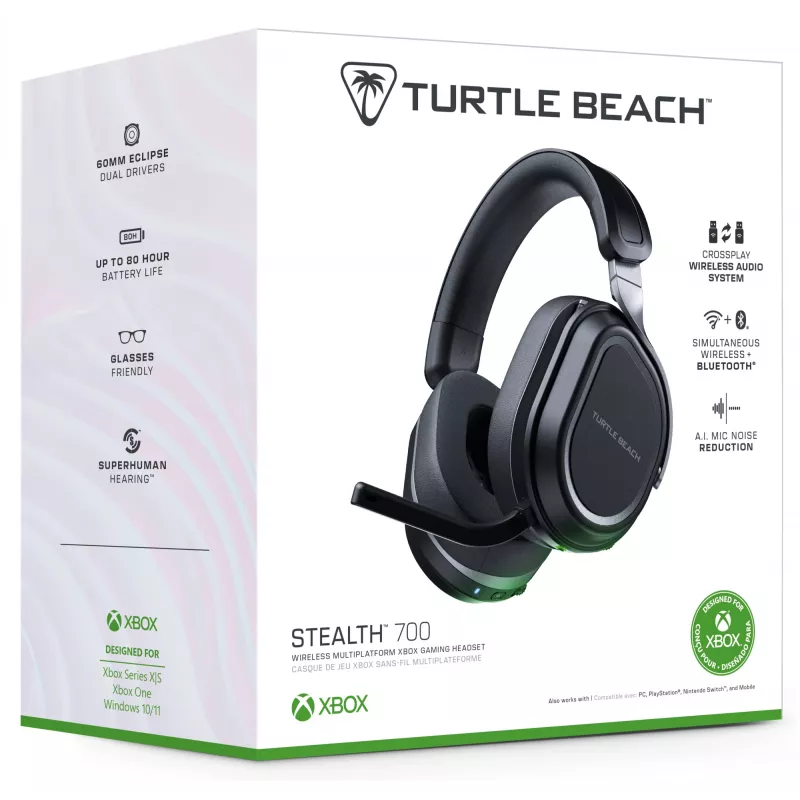 Turtle Beach Stealth 700 Czarny Bezprzewodowy Zestaw Słuchawkowy do Gier dla Xbox z 80-godzinną baterią, Bluetooth, podwójnymi nadajnikami i 60-milimetrowymi przetwornikami dla Xbox Series X lub S, Xbox One, PC i urządzeń mobilnych