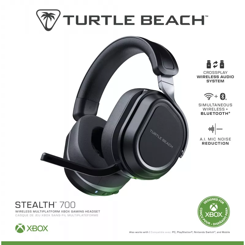 Turtle Beach Stealth 700 Czarny Bezprzewodowy Zestaw Słuchawkowy do Gier dla Xbox z 80-godzinną baterią, Bluetooth, podwójnymi nadajnikami i 60-milimetrowymi przetwornikami dla Xbox Series X lub S, Xbox One, PC i urządzeń mobilnych
