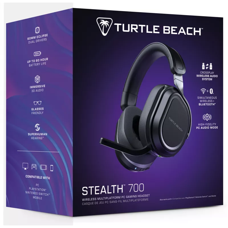 Turtle Beach Stealth 700 Czarny Bezprzewodowy Zestaw słuchawkowy do gier na PC z baterią do 80 godzin, Bluetooth, podwójnymi nadajnikami i głośnikami 60 mm na PC, PS5, PS4 i urządzenia mobilne