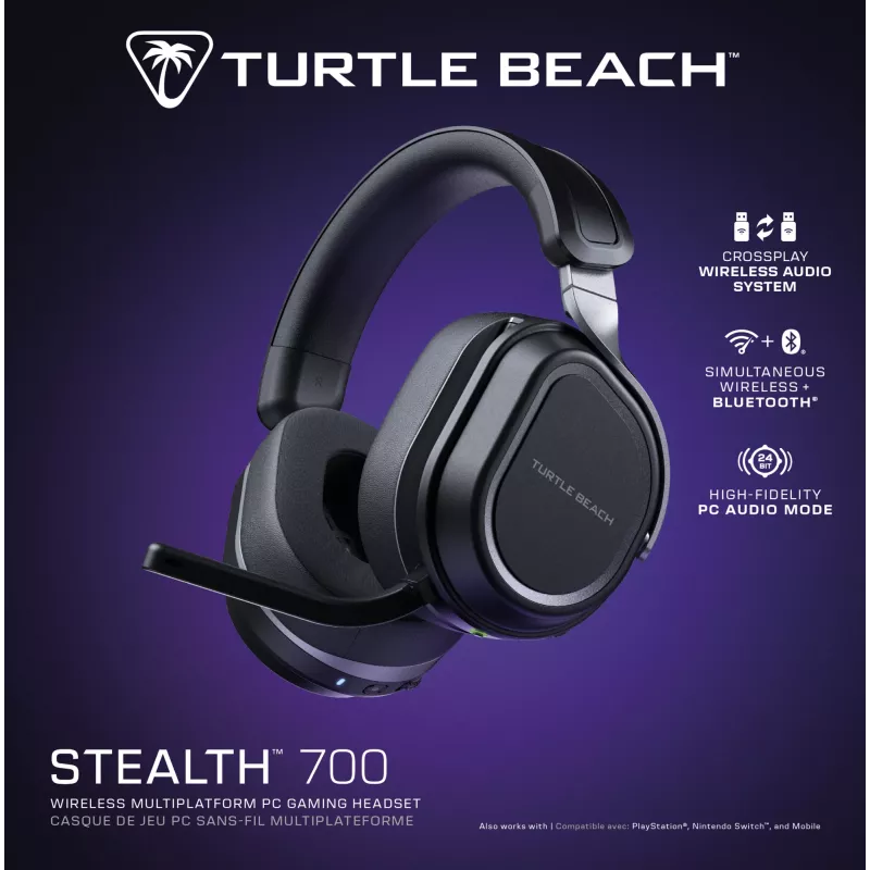 Turtle Beach Stealth 700 Czarny Bezprzewodowy Zestaw słuchawkowy do gier na PC z baterią do 80 godzin, Bluetooth, podwójnymi nadajnikami i głośnikami 60 mm na PC, PS5, PS4 i urządzenia mobilne