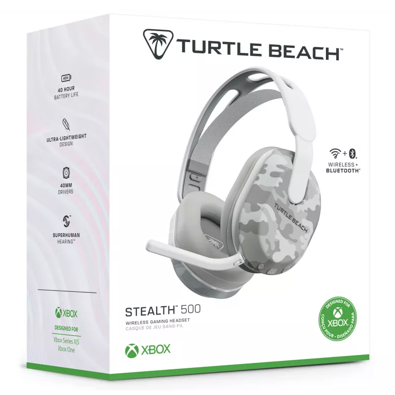 Bezprzewodowy zestaw słuchawkowy Turtle Beach Stealth 500 Arctic Camo do Xbox, do 40 godz. pracy na baterii, dla Xbox Series X/S, Xbox One, działa przez Bluetooth, PC i urządzenia mobilne