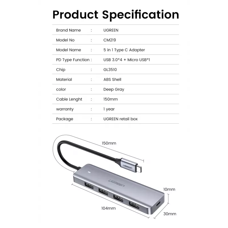 Ugreen 70336 hub interfejsowy USB 3.2 Gen 1 (3.1 Gen 1) Type-C 5000 Mbit/s
