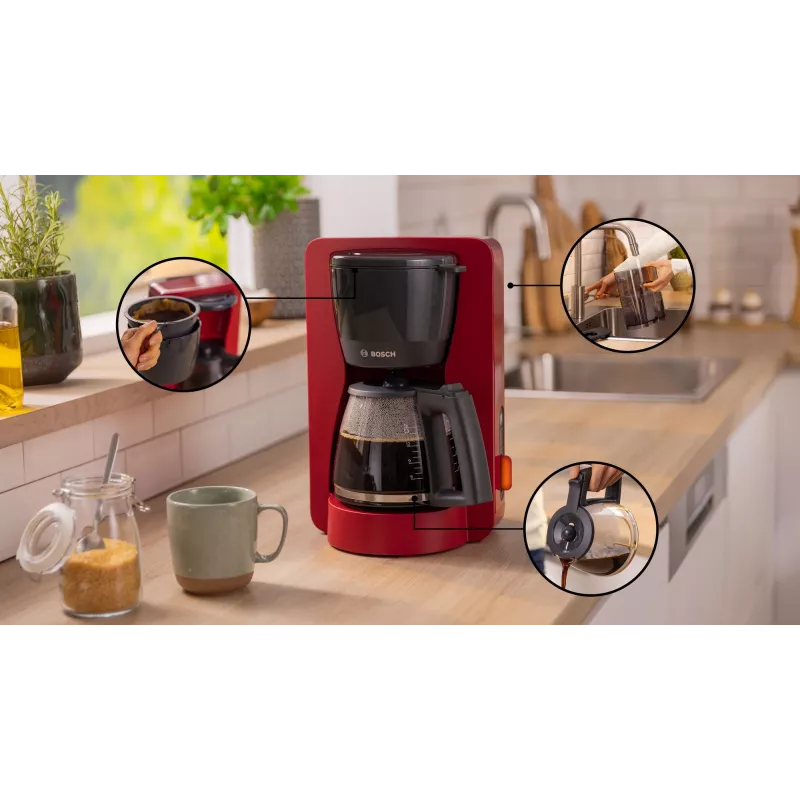 Drip coffee maker Bosch TKA3M134 — 1.4 L water tank, 15‑cup capacity, czerwony