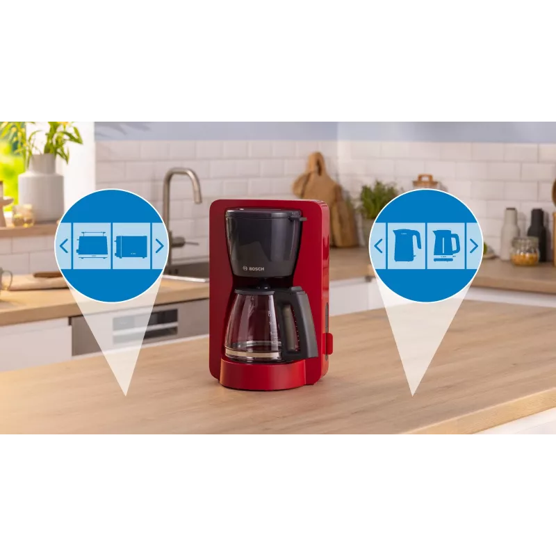 Drip coffee maker Bosch TKA3M134 — 1.4 L water tank, 15‑cup capacity, czerwony