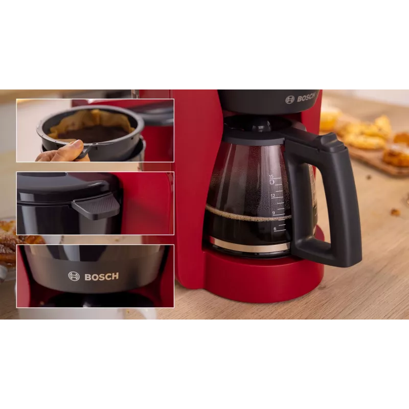 Drip coffee maker Bosch TKA3M134 — 1.4 L water tank, 15‑cup capacity, czerwony