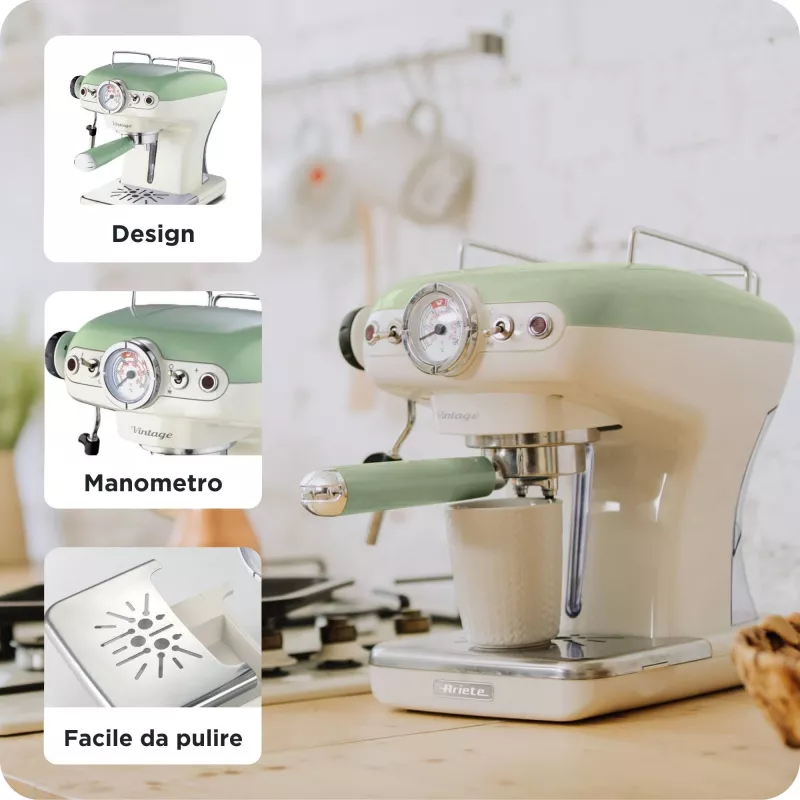 Ariete 1389 Vintage Espresso Coffee Machine - Ekspres do kawy espresso na kawę mieloną lub saszetki ESE, w pastelowo-zielonym kolorze
