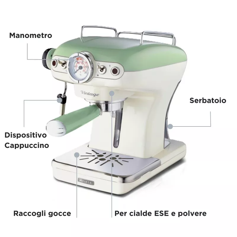 Ariete 1389 Vintage Espresso Coffee Machine - Ekspres do kawy espresso na kawę mieloną lub saszetki ESE, w pastelowo-zielonym kolorze