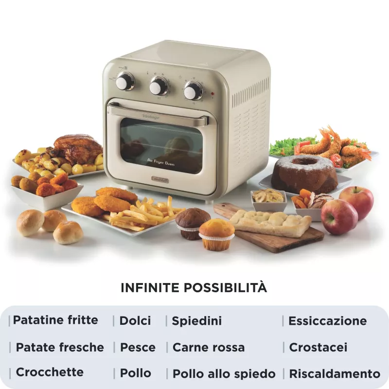 Ariete 4632 Frytkownica beztłuszczowa i piekarnik Vintage, 1400W, 2w1, Pojemność 16L, Akcesoria w zestawie, Timer 60 minut, Podwójna szyba, Beżowy