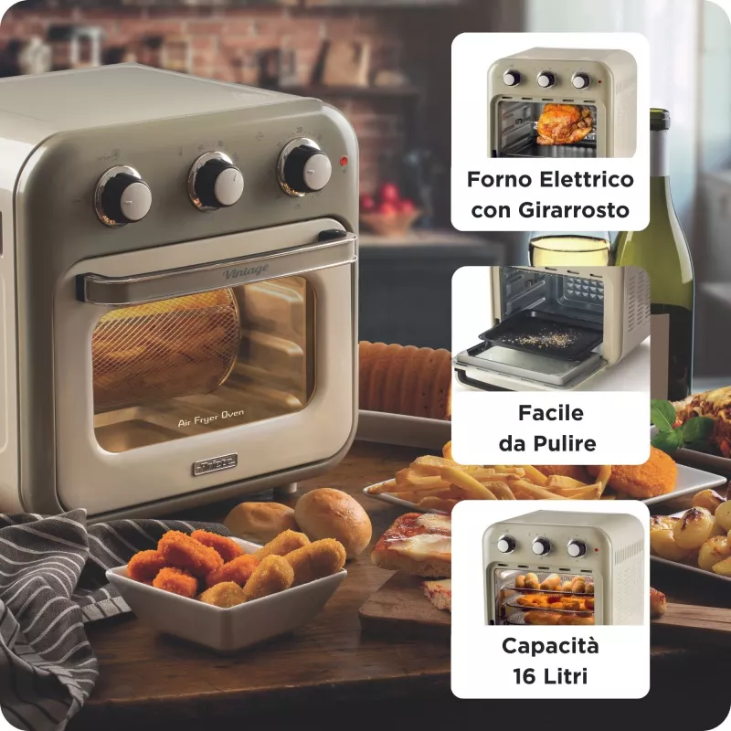 Ariete 4632 Frytkownica beztłuszczowa i piekarnik Vintage, 1400W, 2w1, Pojemność 16L, Akcesoria w zestawie, Timer 60 minut, Podwójna szyba, Beżowy