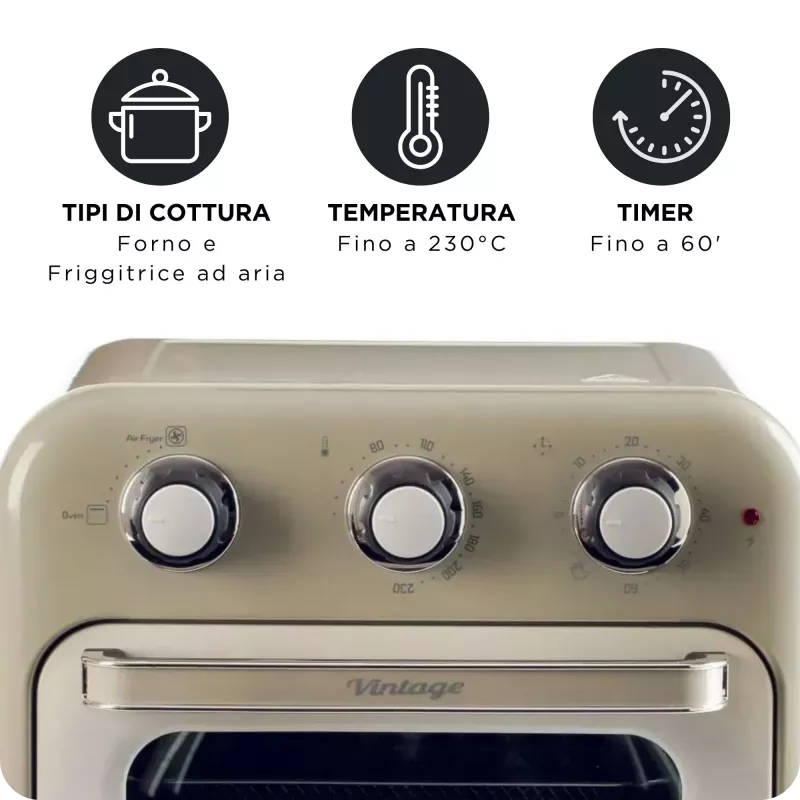 Ariete 4632 Frytkownica beztłuszczowa i piekarnik Vintage, 1400W, 2w1, Pojemność 16L, Akcesoria w zestawie, Timer 60 minut, Podwójna szyba, Beżowy