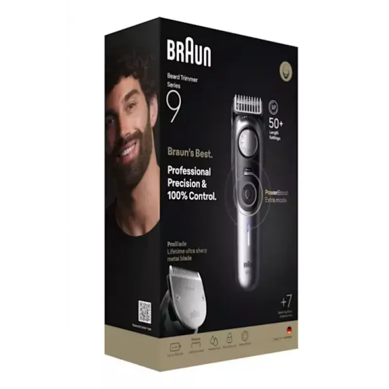 Braun BeardTrimmer 9 BT9520 trymer do brody Akumulator 52 2 cm Wet & Dry Czarny, Szary