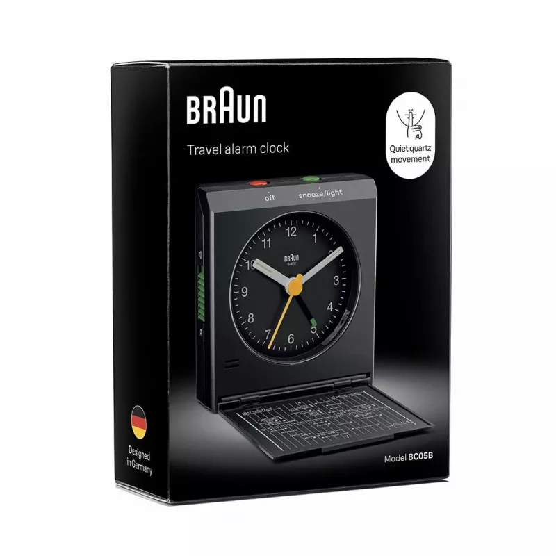Budzik BRAUN BC 05 B kwarcowy składany czarny — kompaktowy budzik podróżny z mechanizmem kwarcowym