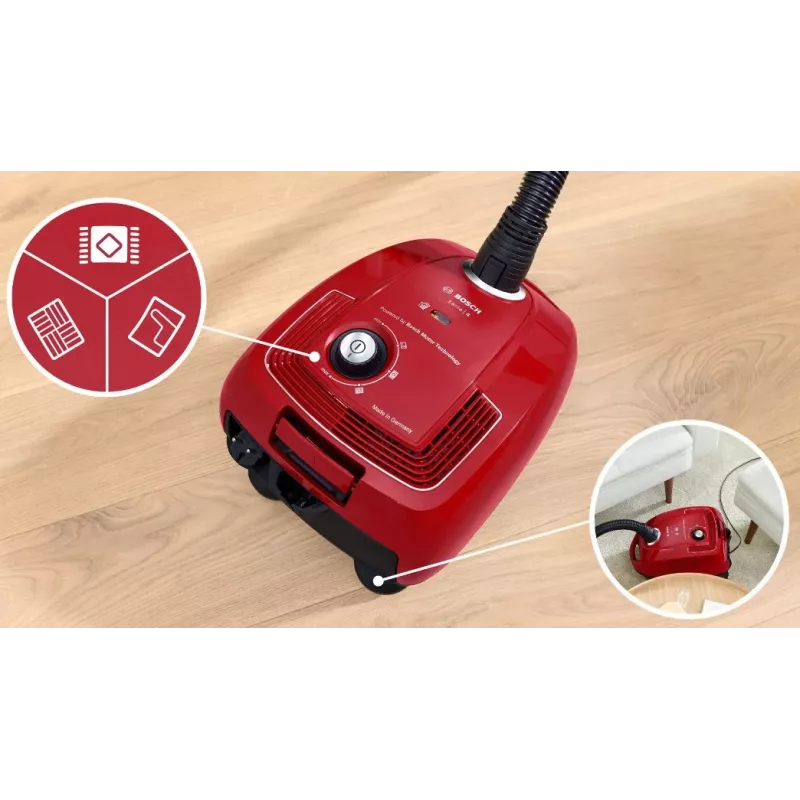 Odkurzacz workowy Bosch Serie 4 BGD38RD1H, 600 W, worek na kurz 4 L, czyszczenie na sucho, czerwony
