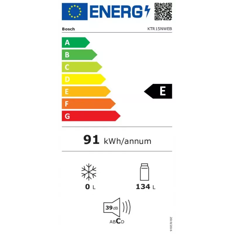 Lodówka Bosch Serie 2 KTR15NWEB, wolnostojąca, 134 l, biała, szer. 850×wys. 560×gł. 580 mm, klasa energetyczna E