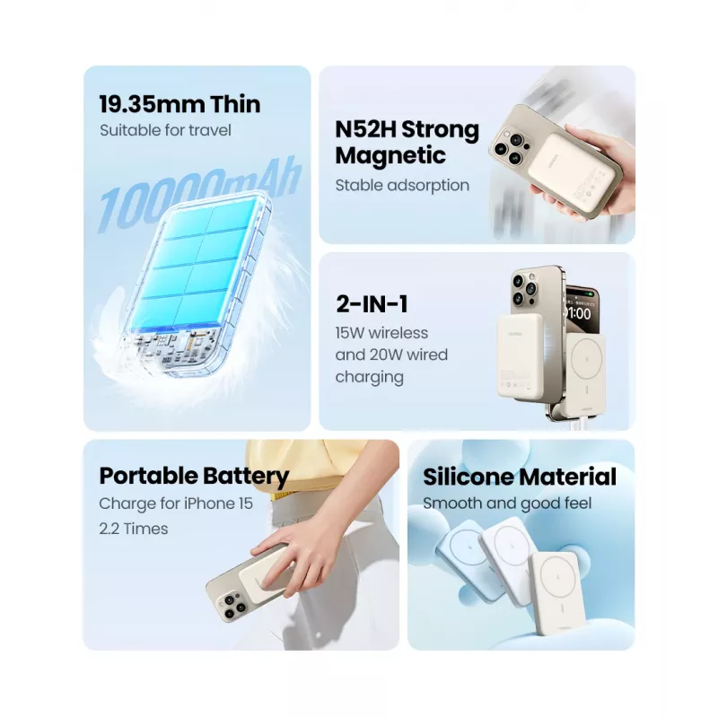Ugreen 25208 powerbank 10000 mAh ładowanie bezprzewodowe beżowy