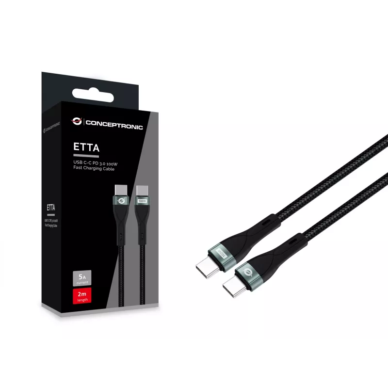 Kabel Conceptronic ETTA01B20 USB-C do USB-C PD 3.0 100W szybkiego ładowania 2 m, 20V 5A, 480 Mbps, E-Mark