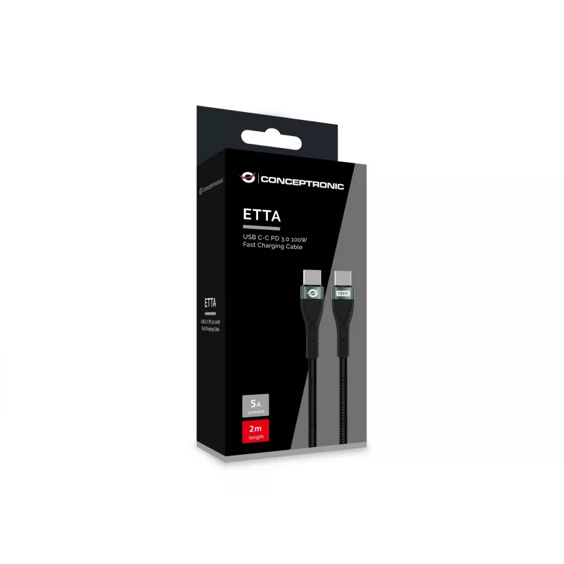 Kabel Conceptronic ETTA01B20 USB-C do USB-C PD 3.0 100W szybkiego ładowania 2 m, 20V 5A, 480 Mbps, E-Mark