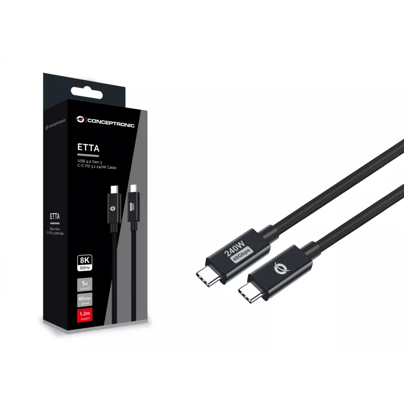 Conceptronic ETTA04B12 Kabel USB 4.0 Gen 3 C-C PD 3.1 240 W 1,2 m, 48 V 5 A, 40 Gb/s, E-Mark