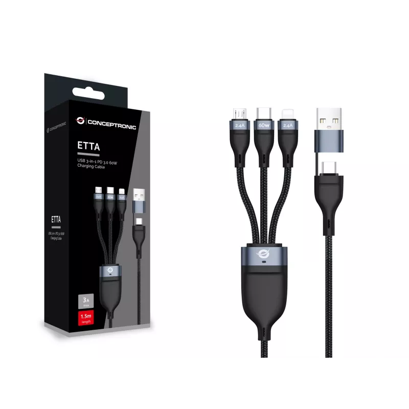 Kabel ładujący Conceptronic ETTA05B15 USB 3-w-1 PD 3.0 60W 1,5 m, 20 V 3 A, 480 Mb/s