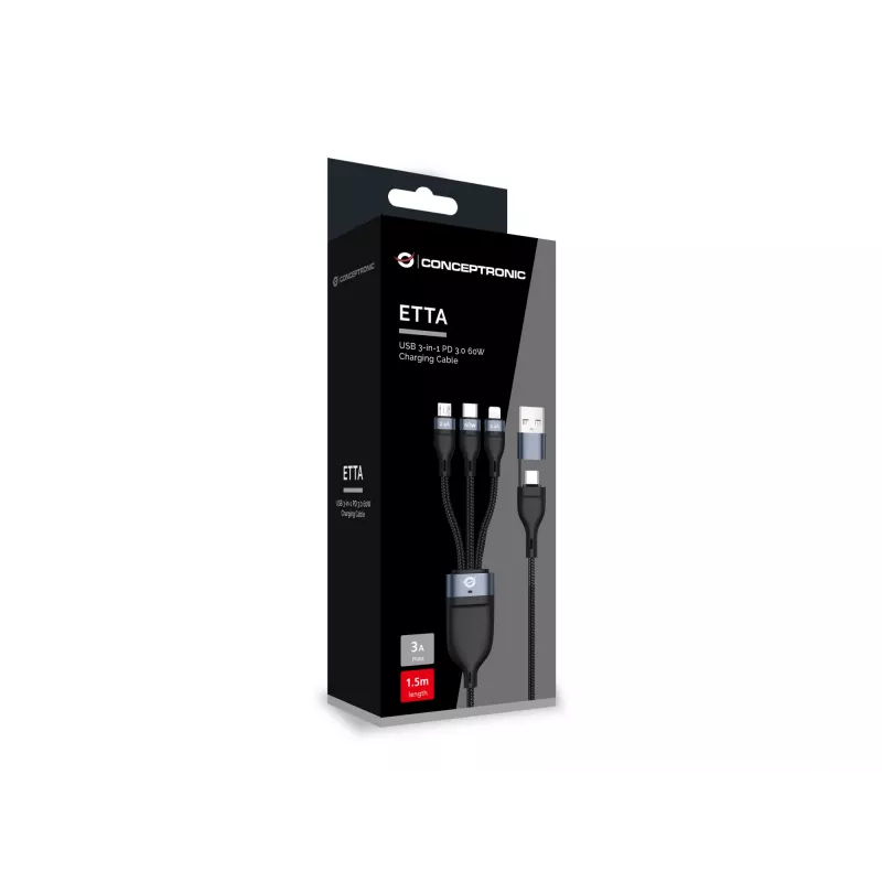 Kabel ładujący Conceptronic ETTA05B15 USB 3-w-1 PD 3.0 60W 1,5 m, 20 V 3 A, 480 Mb/s
