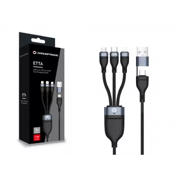 Kabel Conceptronic ETTA06B15 USB 3-w-1 PD 3.0 100W do szybkiego ładowania 1,5m, 20V 5A, 480Mbps, E-Mark