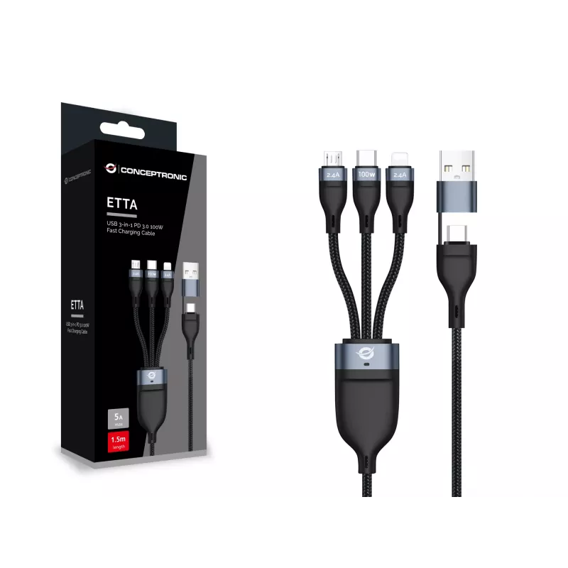 Kabel Conceptronic ETTA06B15 USB 3-w-1 PD 3.0 100W do szybkiego ładowania 1,5m, 20V 5A, 480Mbps, E-Mark
