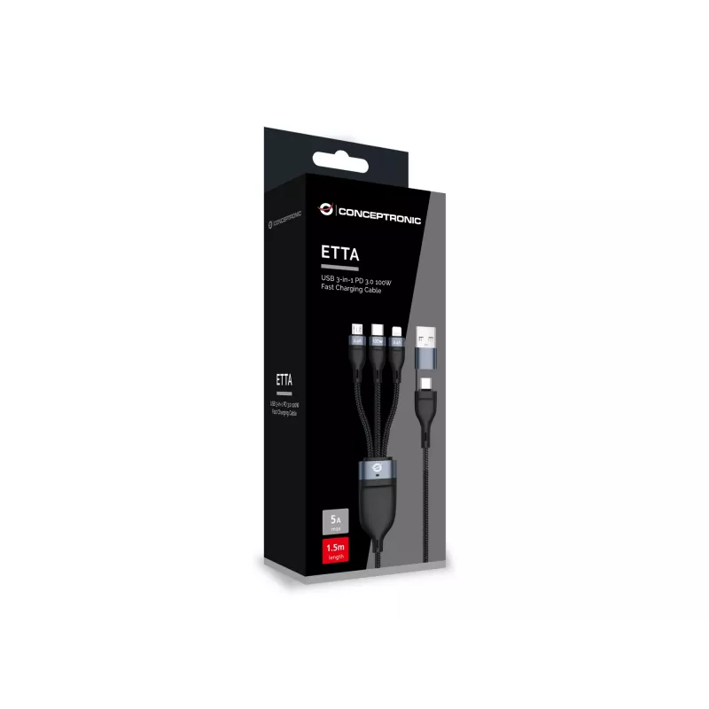 Kabel Conceptronic ETTA06B15 USB 3-w-1 PD 3.0 100W do szybkiego ładowania 1,5m, 20V 5A, 480Mbps, E-Mark