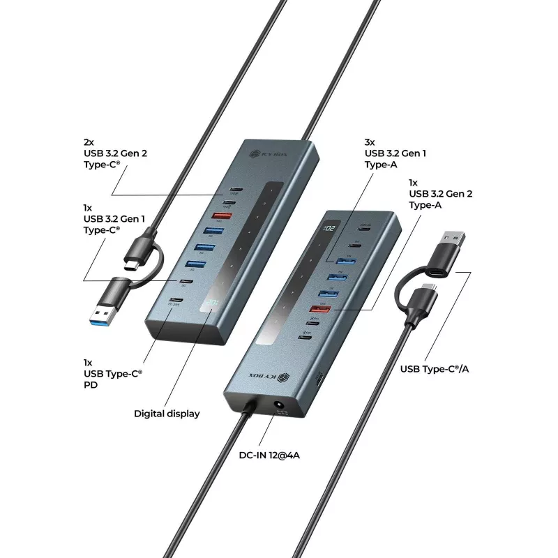 RAIDSONIC ICY BOX Hub 9-w-1 z Power Delivery, USB 3.2 Gen 2 Type-C/Type-A, aluminium, niebieski