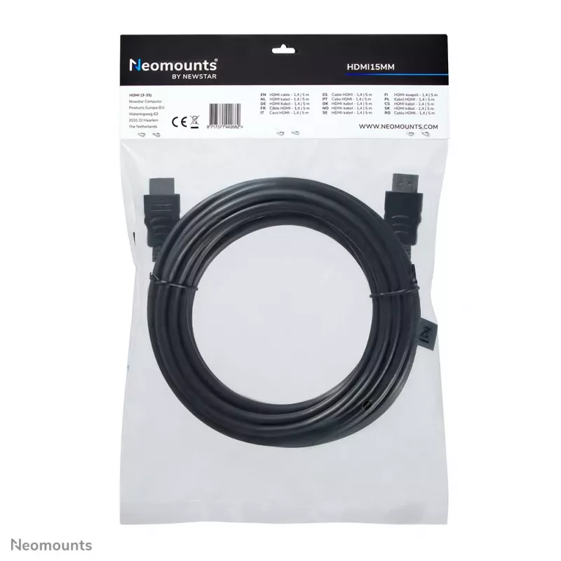 Neomounts HDMI15MM HDMI kabel - 5 metres, 5 m, HDMI Type A (Standard), HDMI Type A (Standard), 10.2 Gbit/s, Czarny