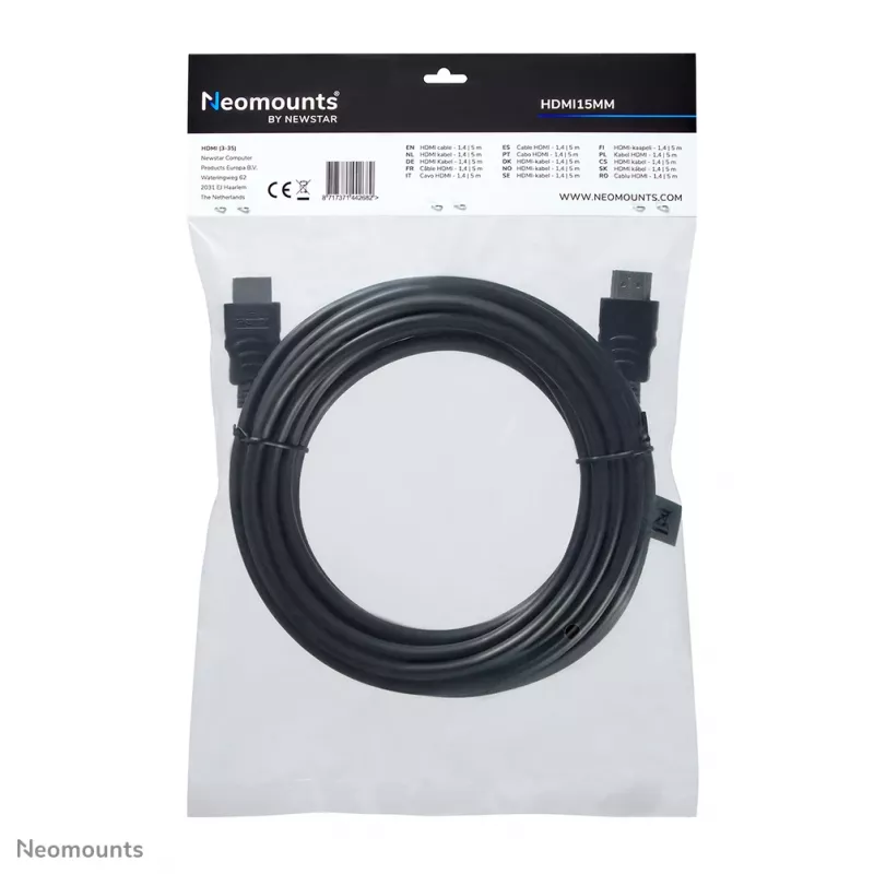 Neomounts HDMI15MM HDMI kabel - 5 metres, 5 m, HDMI Type A (Standard), HDMI Type A (Standard), 10.2 Gbit/s, Czarny