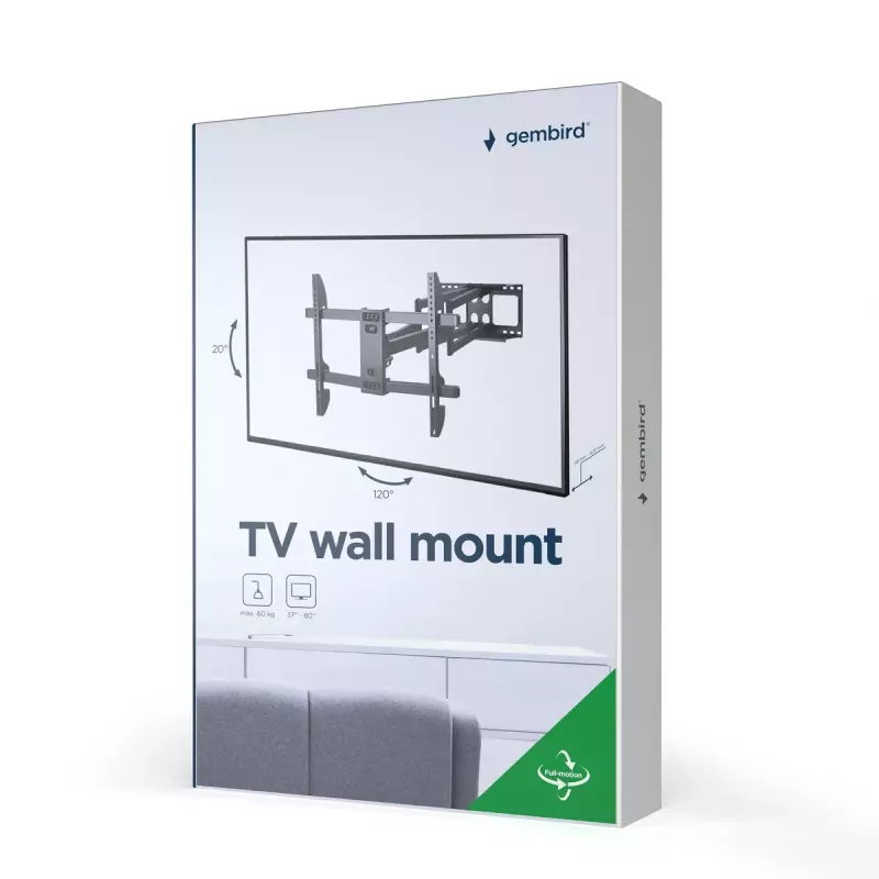 Uchwyt ścienny do telewizora Gembird WM-80ST-02 — stały/uchylny, 37 cali–80 cali, VESA do 600x400, 60 kg, czarny