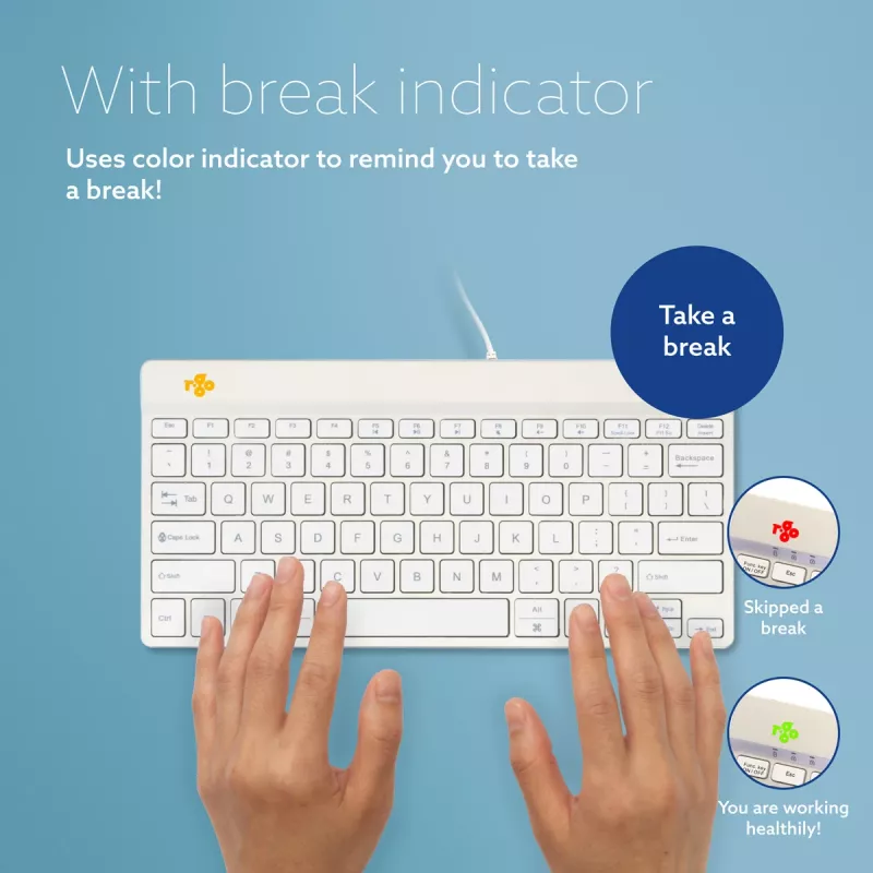 Ergonomiczna klawiatura R-Go Tools R-Go Compact Break, kompaktowa klawiatura z oprogramowaniem przerw, QWERTY (US), przewodowa, biała