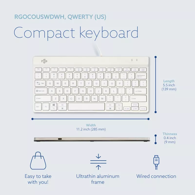 Ergonomiczna klawiatura R-Go Tools R-Go Compact Break, kompaktowa klawiatura z oprogramowaniem przerw, QWERTY (US), przewodowa, biała