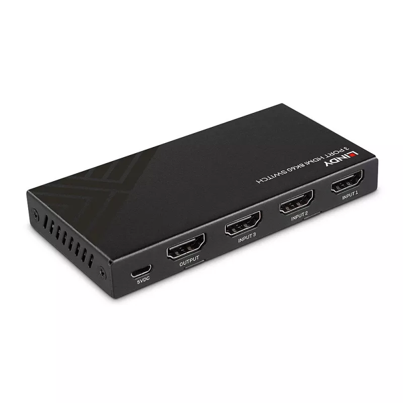 Lindy 3-portowy przełącznik HDMI 8K60 HDMI USB Micro-USB czarny 4320p 48 Gbit/s