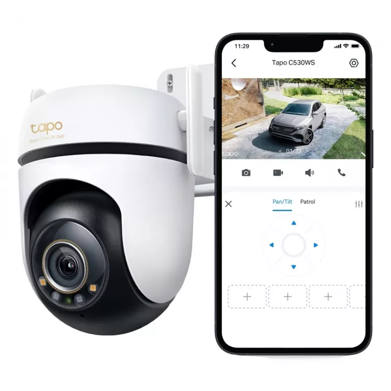 Kamera bezpieczeństwa Wi-Fi TP-Link z obrotem i nachyleniem na zewnątrz SPEC: 3K 5MP (2880x1620), 2,4 GHz, 2 × anteny zewnętrzne, 1 × port Ethernet, obrót poziomy 360°