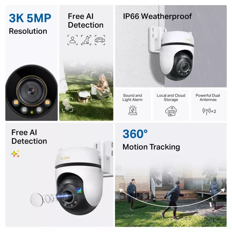 Kamera bezpieczeństwa Wi-Fi TP-Link z obrotem i nachyleniem na zewnątrz SPEC: 3K 5MP (2880x1620), 2,4 GHz, 2 × anteny zewnętrzne, 1 × port Ethernet, obrót poziomy 360°