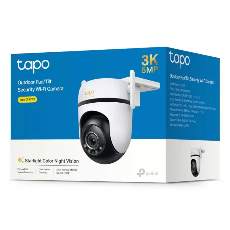 Kamera bezpieczeństwa Wi-Fi TP-Link z obrotem i nachyleniem na zewnątrz SPEC: 3K 5MP (2880x1620), 2,4 GHz, 2 × anteny zewnętrzne, 1 × port Ethernet, obrót poziomy 360°