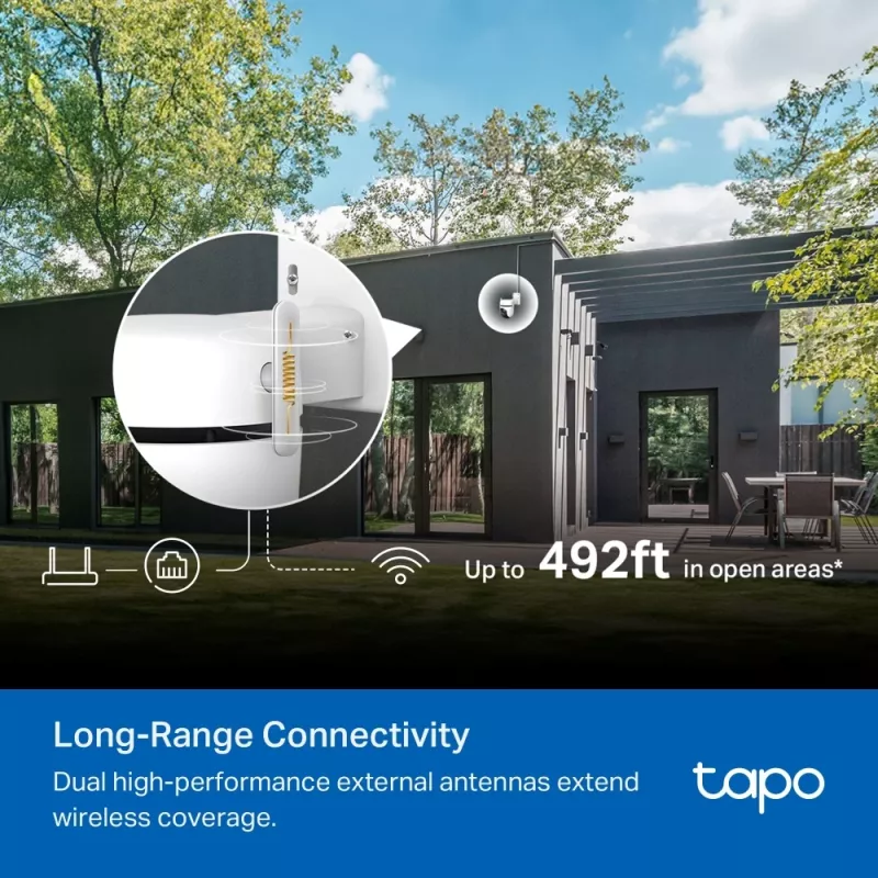 Kamera bezpieczeństwa Wi-Fi TP-Link z obrotem i nachyleniem na zewnątrz SPEC: 3K 5MP (2880x1620), 2,4 GHz, 2 × anteny zewnętrzne, 1 × port Ethernet, obrót poziomy 360°