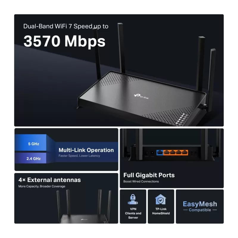 TP-Link Archer BE220 router bezprzewodowy Gigabit Ethernet Dwupasmowy (2,4 GHz / 5 GHz) Czarny