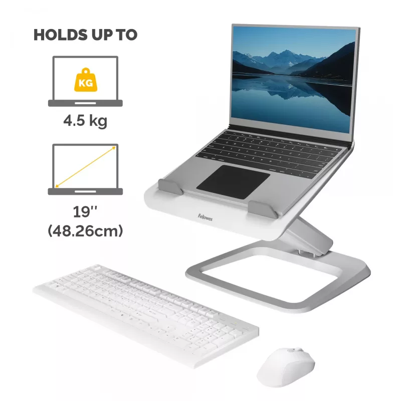 Podstawka pod laptop Fellowes na biurko - Hana LT podstawka pod laptop do domu i biura - Regulowana podstawka pod laptop z 3 stopniami regulacji wysokości - Maks. rozmiar monitora 19 cali, maks. waga 4,5 kg - Biała