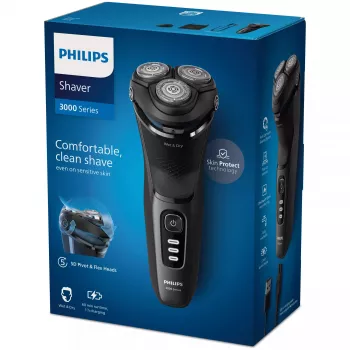 Golarka elektryczna rotacyjna Philips Seria 3000 S3244/12 – 3 głowice, mokra i na sucho, Li‑Ion, 60 min pracy, wysuwany trymer, zmywalna, czarna