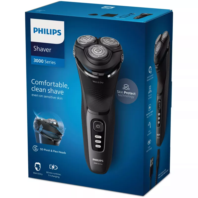 Golarka elektryczna rotacyjna Philips Seria 3000 S3244/12 – 3 głowice, mokra i na sucho, Li‑Ion, 60 min pracy, wysuwany trymer, zmywalna, czarna