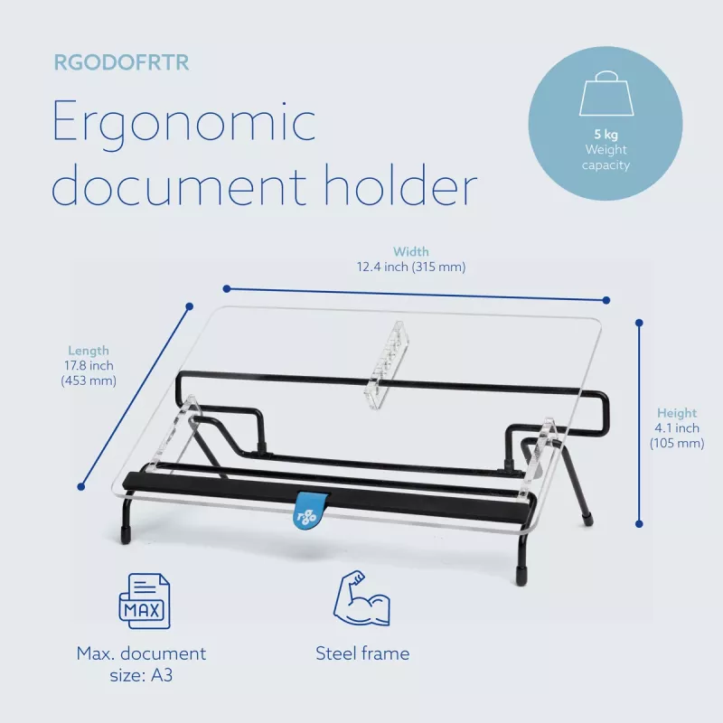 R-Go Tools Uchwyt na dokumenty R-Go Flex Read, ergonomiczny, z miękką podpórką pod nadgarstki, przezroczysty akryl