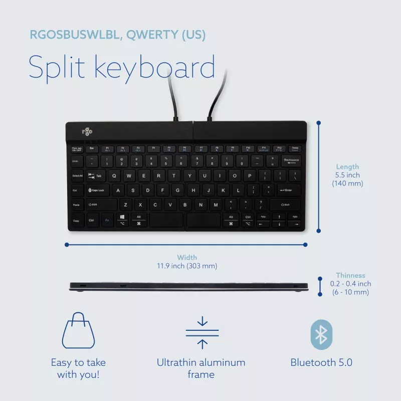 R-Go Tools Ergonomic klawiatura R-Go Split Break with break software, ergonomic split klawiatura, QWERTY (US), Bluetooth, Czarny