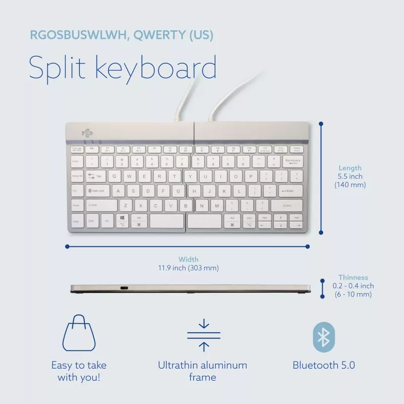 Ergonomiczna klawiatura R-Go Tools R-Go Split Break z oprogramowaniem do przerw, ergonomiczna klawiatura dzielona, QWERTY (US), Bluetooth, biała
