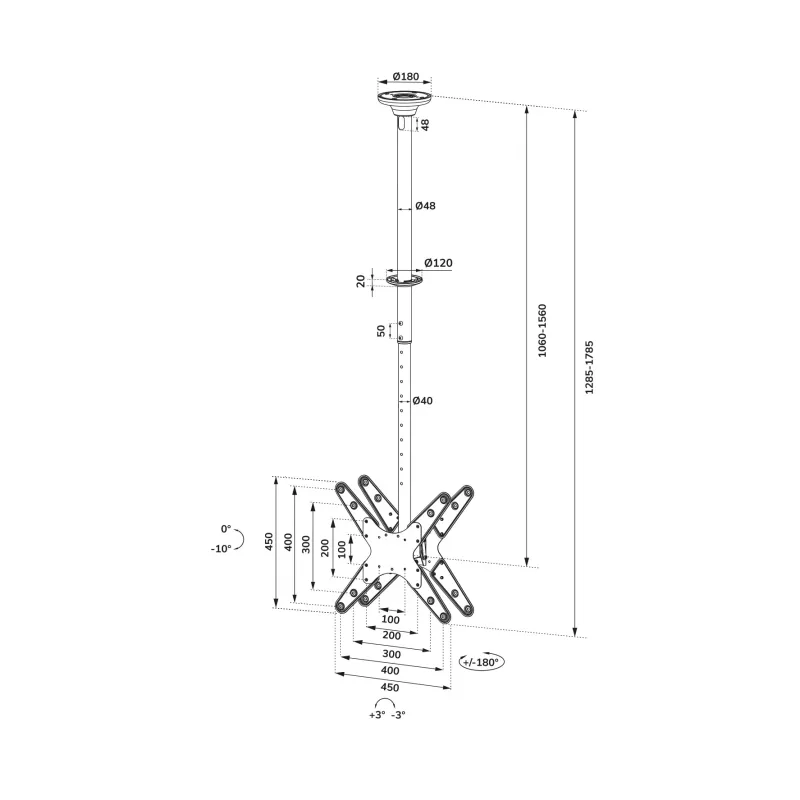 Neomounts FPMA-C340DCzarny Podwójny uchwyt sufitowy do monitora/telewizora 32-75 cali - wys. 106-156 cm